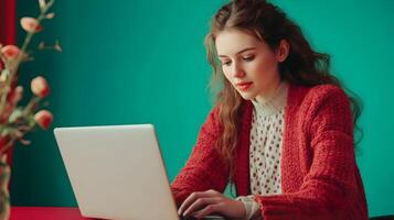 Confident and Cheerful Young Female Using Laptop Computer on Vibrant Green Background with Cozy Red Sweater Outfit,Looking Focused and Productive photo