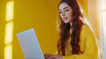 Confident and Cheerful Young Female Smiling While Using Laptop Computer on Bright Yellow Background in Studio Setting photo