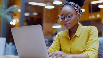 Young Confident African American Female Professional Working on Laptop Computer at Desk in Modern Office Environment photo