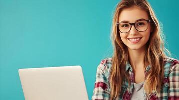 Confident Young Woman Smiling and Using Laptop Computer on Vibrant Color Background. Female Student or Professional Working,Browsing,or Studying in Office or Studio Setting. photo