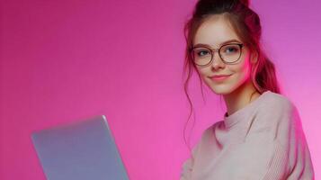 Confident young woman wearing eyeglasses and using laptop computer in a modern pink studio. Representing a skilled software engineer,developer,or information technology specialist. photo