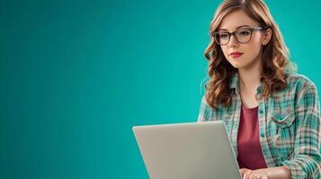 Confident and Focused Young Female Professional Using Laptop Computer on Vibrant Turquoise Colored Studio Background,Conveying Positive Attitude and Entrepreneurial Spirit photo