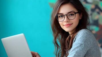 Portrait of a young,confident female wearing glasses and using a laptop computer in a turquoise studio background. She appears to be an information technology specialist. photo