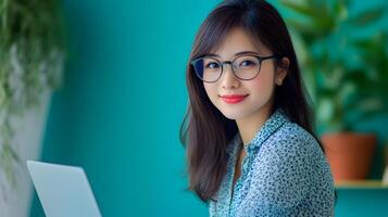 Confident and Focused Asian Female Professional Using Laptop Computer in Modern Green Studio Environment,Representing IT Specialist,Software Engineer or Developer at Work photo