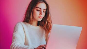 Confident and Focused Young Female Entrepreneur or Student Using Laptop Computer on Vibrant Pink and Orange Color Background in Studio Photograph photo