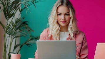Confident Young Blonde Woman Smiling and Using Laptop Computer on Vibrant Pink and Green Color Background. Concept of Technology,Business,Corporate,Startup,Education,or Freelance Lifestyle. photo