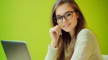 Confident Young Female Wearing Eyeglasses Sitting at Desk Using Laptop Computer in Bright Green Office or Workspace Setting photo