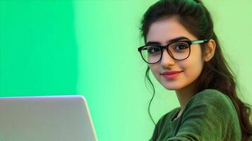 Confident Young Professional Woman Wearing Eyeglasses and Using Laptop Computer,Portrait of a Software Engineer,IT Specialist or Developer at Work photo
