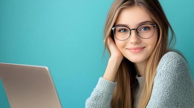 Confident young woman in glasses using laptop computer,smiling happily as an information technology specialist,software engineer or developer photo