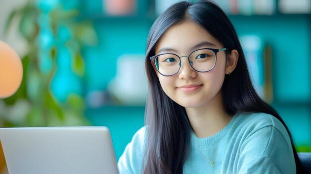 Confident and Smiling Young Female Wearing Glasses,Working on a Laptop Computer in a Professional Office or IT Workspace photo