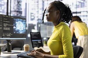 Worker conducting code review to fix bugs, identifying performance and technical issues with artificial intelligence company software. Woman debugging and optimizing code using AI photo