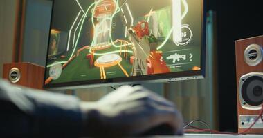 Gamer using keyboard and mouse to play FPS singleplayer videogame on PC, enjoying leisure time. Person in apartment at night using high tech computer peripherals to destroy enemies, camera B close up photo
