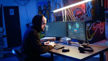 Spy in secret hideout angry after trying to steal valuable data by hacking governmental websites but getting attacks rejected by security. Upset espionage expert denied access to sensitive info photo