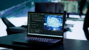 Military personnel working next to AI brain neural network in a command post with a North Korea flag on big screen. IT engineer employing deep learning to spread misinformation for scams. Camera A. photo
