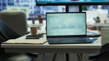 High end business office with a computer displaying detailed analytics, perfect for executive company meetings or financial planning and project development in a multinational corporation. photo