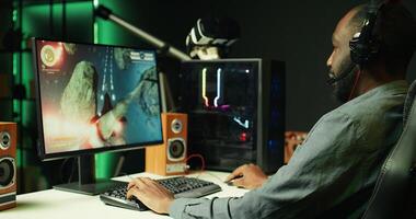 Player at home shooting asteroids in spaceship flying singleplayer game with overlay HUD showing health levels on monitor. Close up of person navigating universe in simulation game on PC photo