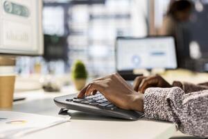 Businesswoman studying infographics and performance metrics for decision making, focused on project goals. Executive assistant managing business tasks and reviewing data, showcasing expertise. Close up. photo