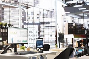 Modern work environment empty office used in business industry and enterprise culture, equipped with professional tools and high end gadgets. Executive power in a modern workspace. photo