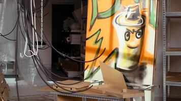 Close up of empty pizza boxes in industrial warehouse with graffiti drawings on walls. Trash left over in underground location used as crime haven by delinquents, urban background photo