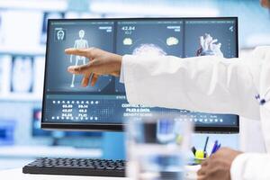 Physician reviewing MRI scan and x ray test results with a patient in medical office, explaining the diagnostics. Doctor pointing at analysis to discuss about the illness, medical technology. photo