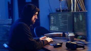 Hacker uses PC to target vulnerable unpatched connections, seeking to compromise digital devices and steal valuable sensitive data. Rogue programmer finds exploits for system vulnerabilities, camera A photo