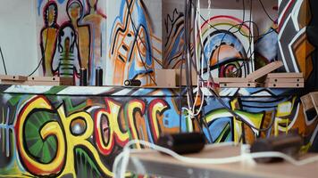 Empty pizza boxes and spray cans left over in dirty ghetto by urban explorers venturing into abandoned structures. Graffiti art and scattered debris done by guerilla artists in urbex location photo