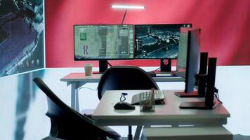 Empty chinese military base monitoring room working on spreading fake news and misinformation for communism. National command post using high tech gear for army propaganda. Camera A. photo