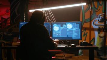 Hacker in dark neon lit underground HQ coding malware designed to exploit network backdoors, using tools to bypass security measures such as logins and password protections. handheld camera shot photo