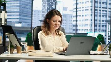 Woman CEO reviewing sales reports and market trends from analytics files, using data driven insights to adjust strategies and maximize business growth opportunities. Strategic thinking. Camera A. photo