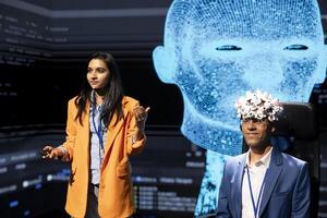 IT company CEO talking at AI expo, sharing neural implants industry insights to audience. Computer scientist at artificial intelligence tech event presenting latest AI EEG headsets products photo