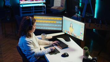 Photo editor using graphic tablet to edit images lighting, delivering visually appealing final product, listening podcasts. Freelancer wearing audio headset, browsing through photographs, camera B