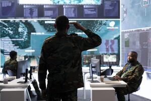 Empty modern base of operations used by the US military armed forces, safeguarding state secrets and ensuring security protocols. High tech surveillance gear used for intelligence. Camera A. photo