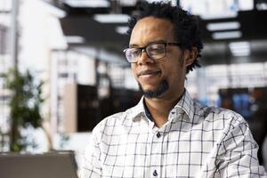 Executive assistant at a multinational company work on next big business project. Professional worker uses data and tech tools to manage operations and ensure a successful enterprise outcome. photo