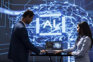 Engineer and coworker use AI cognitive computing to extract information from complex data on laptop. IT staff members using artificial intelligence on notebook to accelerate complex calculations photo