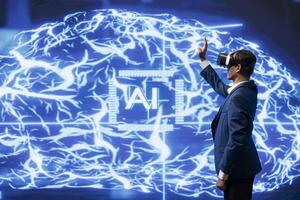 Programmer wearing VR smart goggles working with artificial intelligence neural networks. IT professional using virtual reality tech and AI systems in futuristic workspace photo