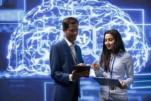 System administrators use AI neural networks modeled after human brain to solve complex problems. Startup workers using artificial intelligence to look at data and complete tasks photo