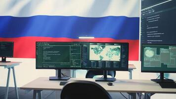 Empty cyber security room big screen running Russian flag, representing hybrid war and cyber terror. Highlighting unauthorized access, espionage and Russian hackers defamation tactics. Camera B. photo