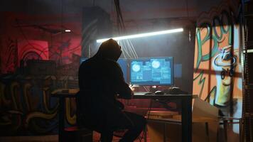 Hacker in hidden location with graffiti walls using PC to deploy malware on unsecured devices, stealing sensitive data from unaware users online and selling it on black market, jib down shot photo