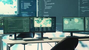 Empty cyber operations center for governmental hacking and threat detection. Equipped with technology for monitoring cyber threats, cybercrime, and safeguarding digital information. Camera A. photo