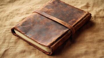 Old leather-bound journal resting on textured fabric in dim light, ideal for writing stories or capturing thoughts in a vintage style photo