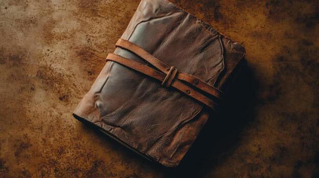 Leather-bound journal resting on a rustic wooden table in soft natural light photo