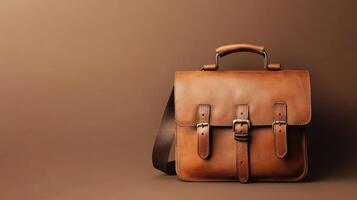 Elegant leather messenger bag on a warm brown background showcases craftsmanship and timeless style photo