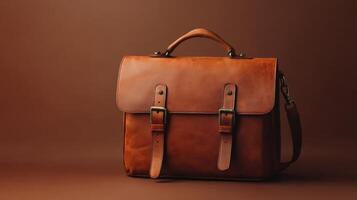 Classic brown leather messenger bag on a solid background showcases craftsmanship and style for everyday use or professional settings photo