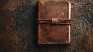 Leather-bound notebook resting on rustic surface conveys a sense of creativity and nostalgia photo