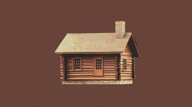 Rustic wooden cabin with a stone chimney surrounded by a simple, muted backdrop photo