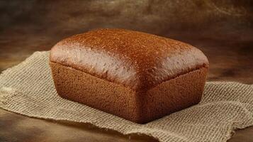Freshly baked brown bread loaf resting on a burlap cloth with a rustic background during daylight photo