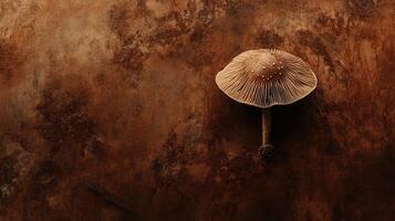 Unique brown mushroom with delicate gills resting on a textured earthy surface capturing natural beauty and simplicity photo