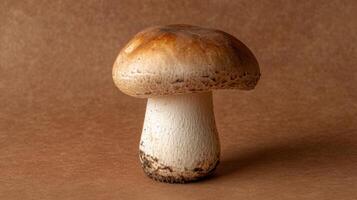 Captivating close-up of a fresh mushroom on a textured brown surface enhancing its natural beauty photo