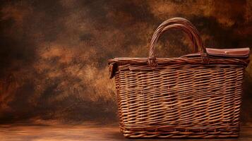 Woven basket displayed against a textured background showcasing craftsmanship and design elements photo
