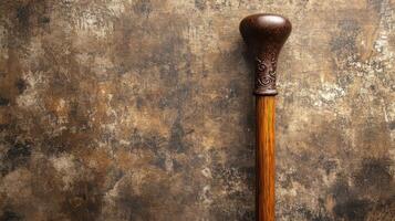 An old wooden walking stick on a brown background photo